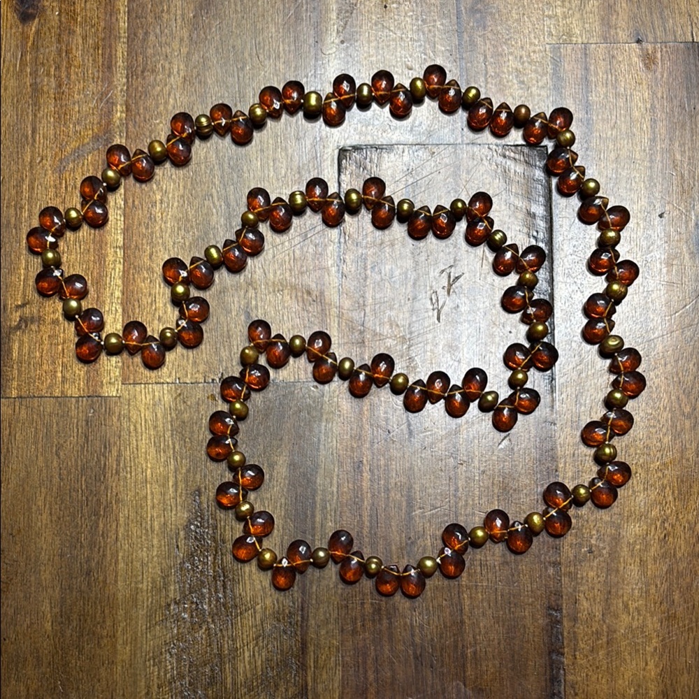 Vintage Amber colored glass beads and Brass Beaded Necklace